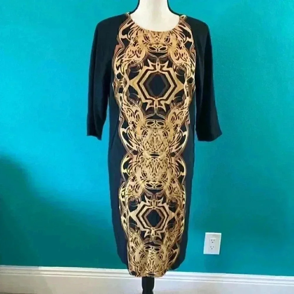 ⭐️ New with tags Ellen Tracy Womens black and gold 3/4 Sleeve Lined shift dress
